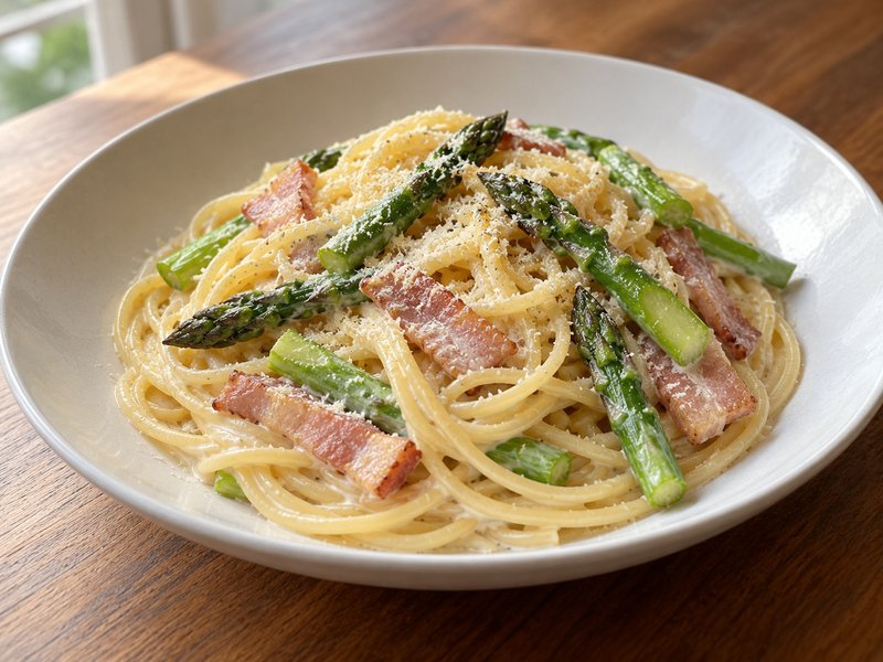 アスパラとベーコンのクリームパスタの完成イメージ
