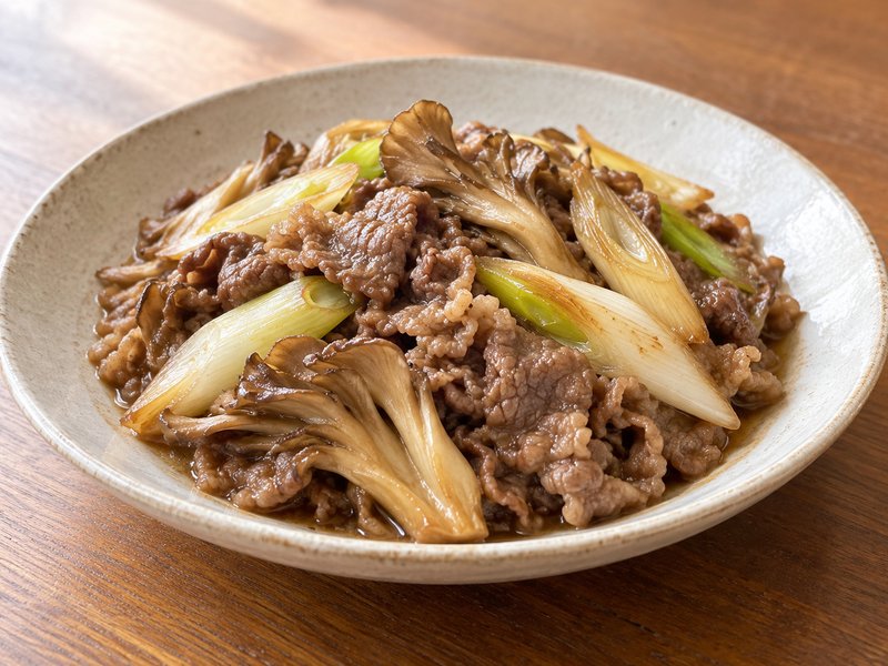 牛肉とまいたけのすき焼き風炒めの完成イメージ