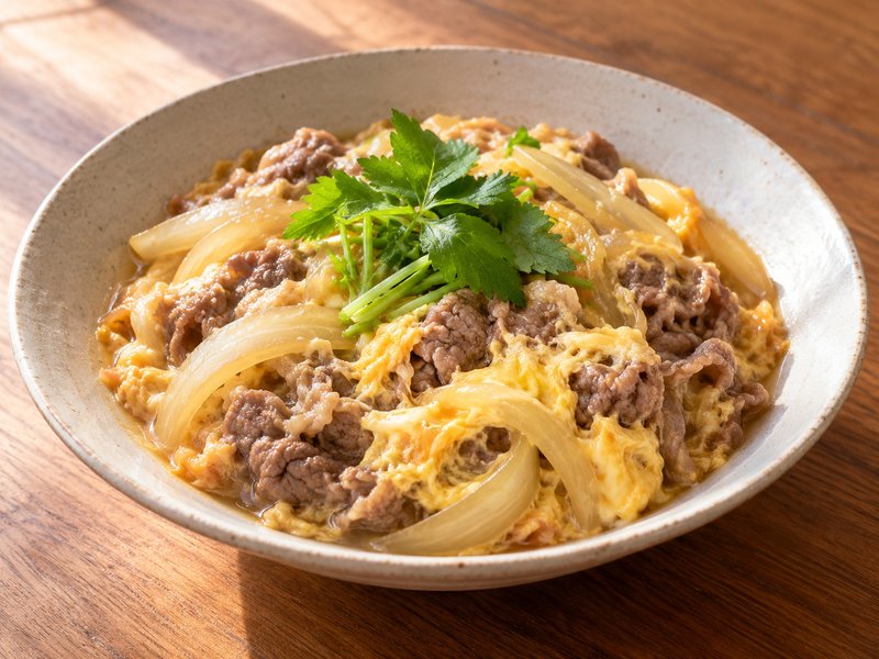 牛肉と玉ねぎの卵とじの完成イメージ