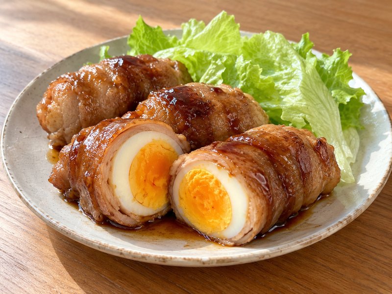 ゆで卵の豚肉巻き照り焼きの完成イメージ