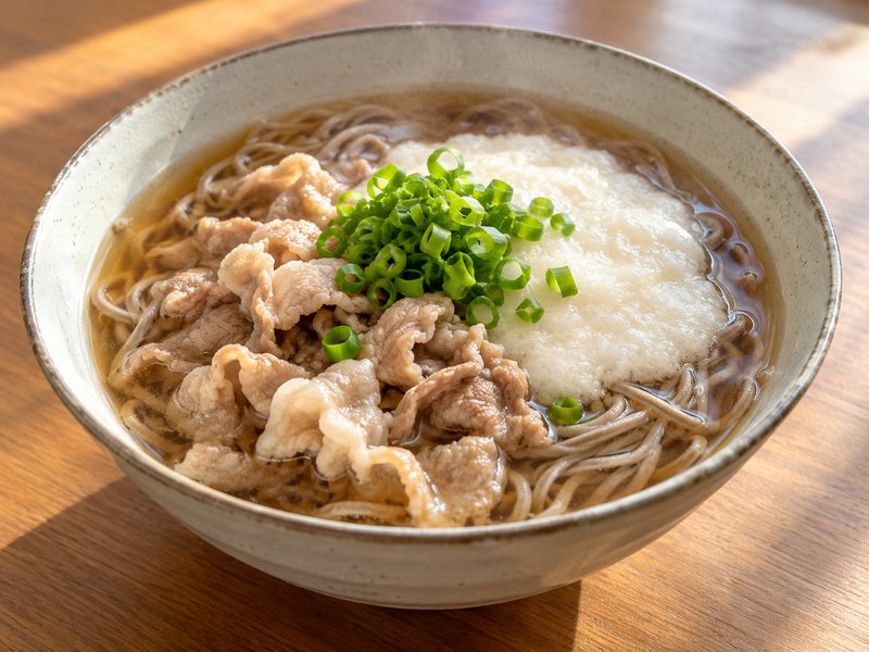 豚肉ととろろの温かいそばの完成イメージ