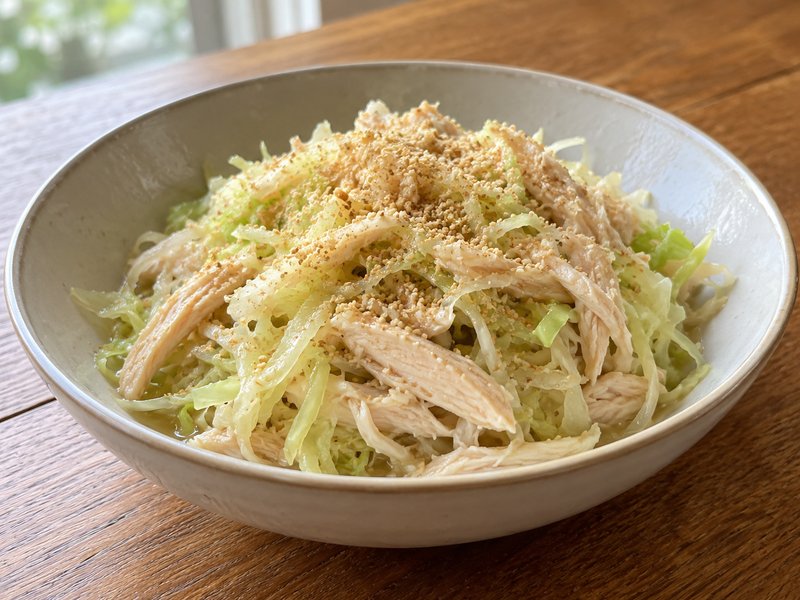 サラダチキンとキャベツのごまポン蒸しの完成イメージ