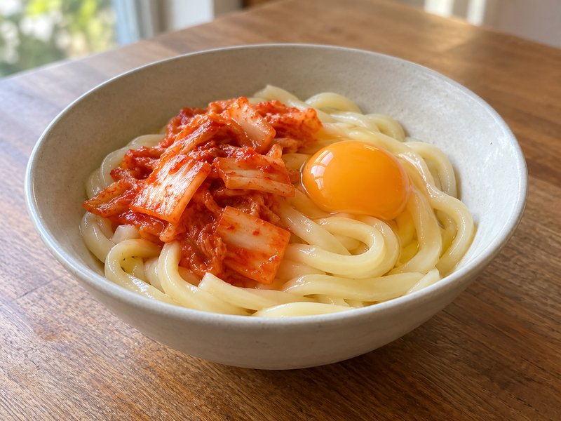 キムチ釜玉うどんの完成イメージ