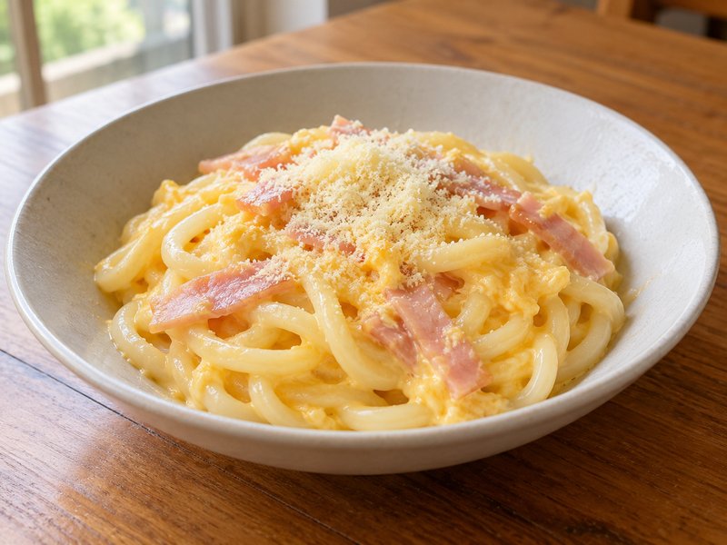 うどんのカルボナーラ風の完成イメージ