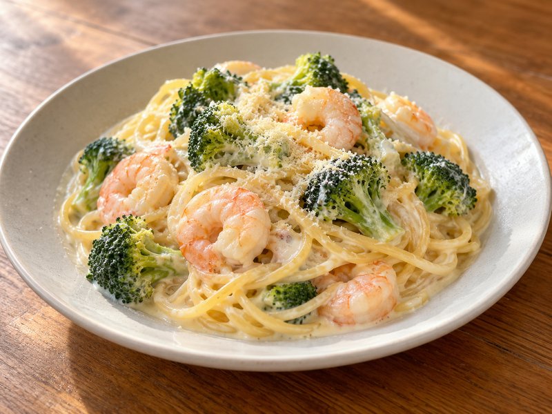 えびとブロッコリーのクリームパスタの完成イメージ