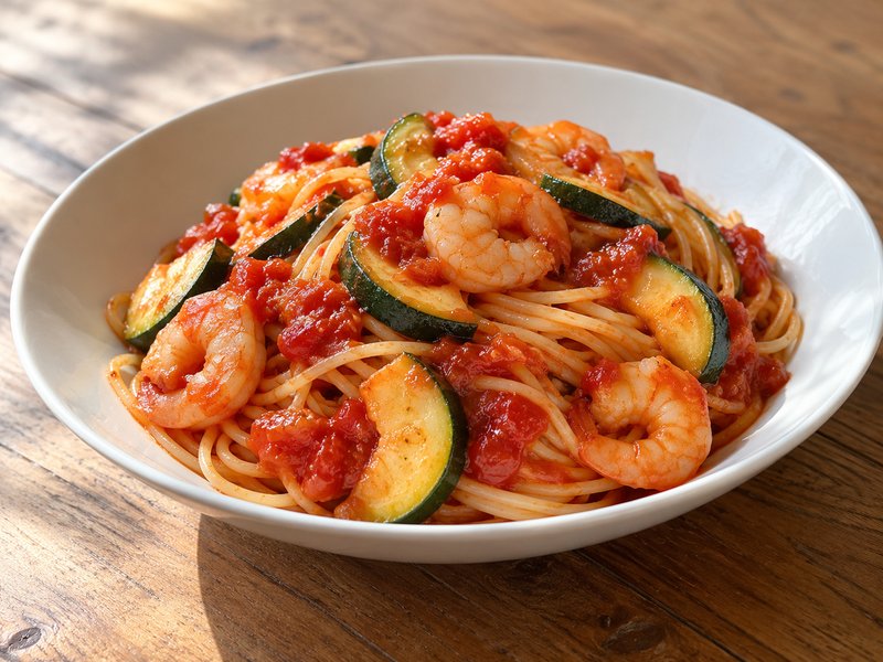 えびとズッキーニのトマトパスタの完成イメージ