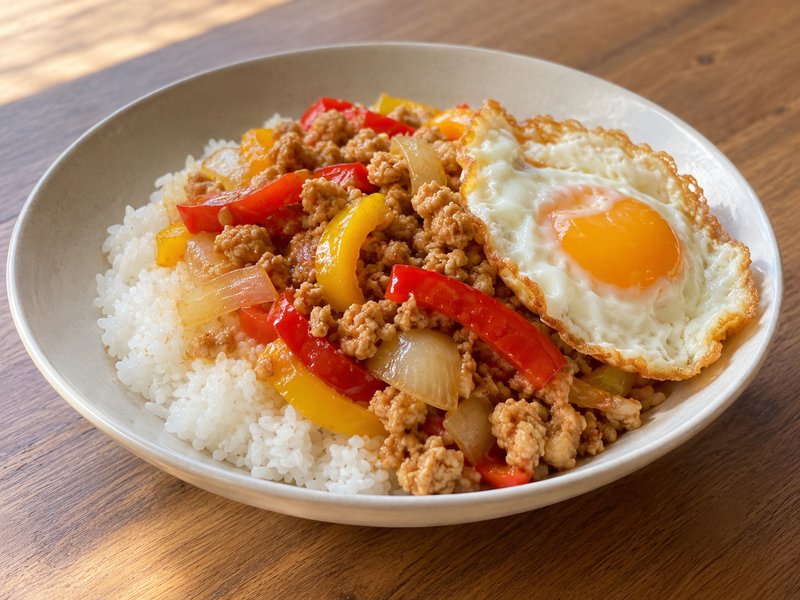 鶏ひき肉のガパオ風ごはんの完成イメージ