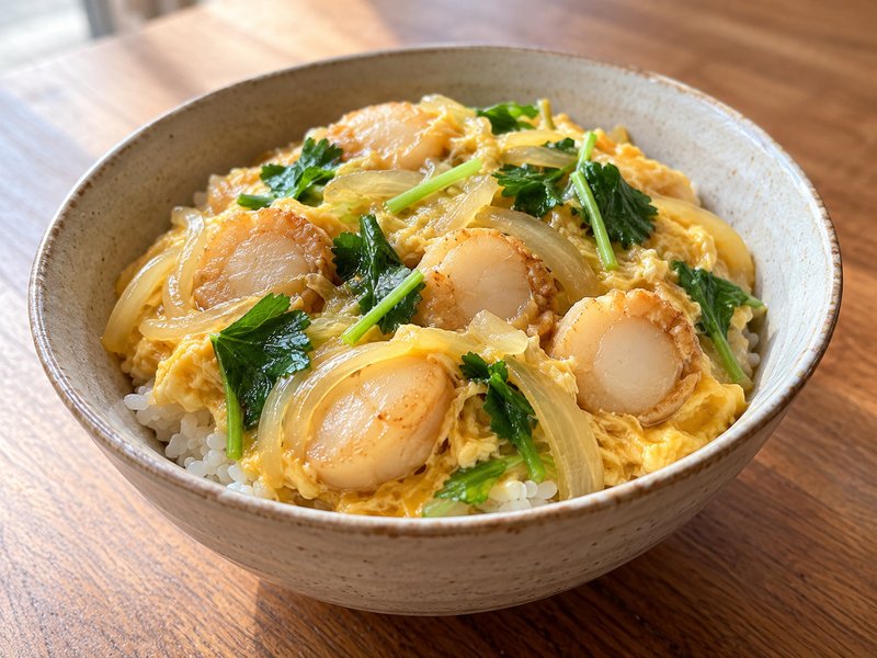 ほたてと三つ葉の卵とじ丼の完成イメージ