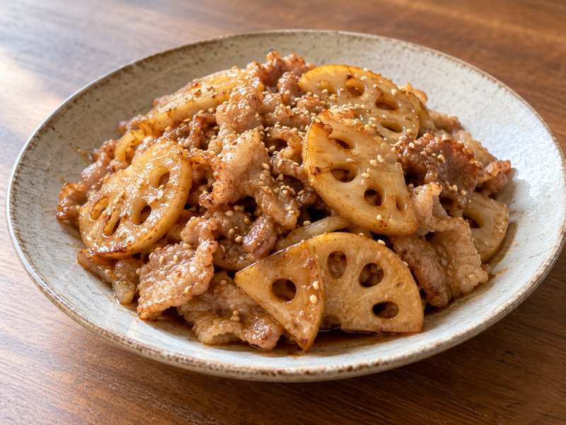 れんこんと豚肉の甘辛炒めの完成イメージ