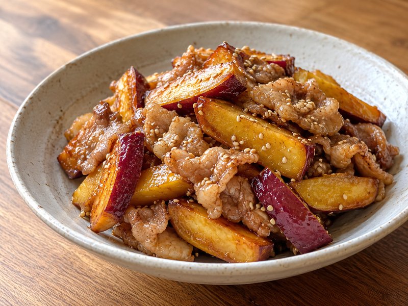 さつまいもと豚肉の甘辛炒めの完成イメージ
