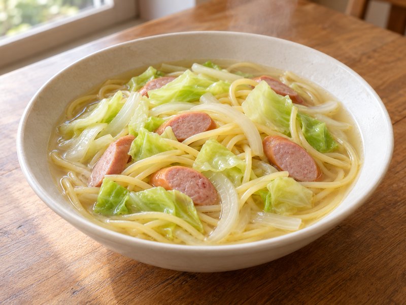 ウインナーとキャベツのスープパスタの完成イメージ
