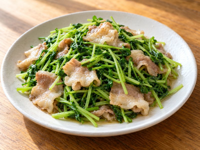 豆苗と豚バラの炒め物の完成イメージ