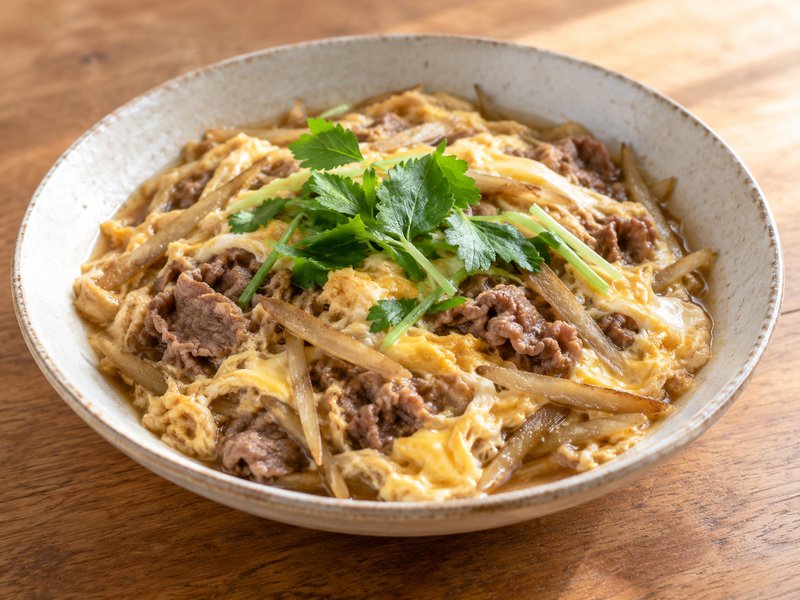 牛肉とごぼうの柳川風卵とじの完成イメージ