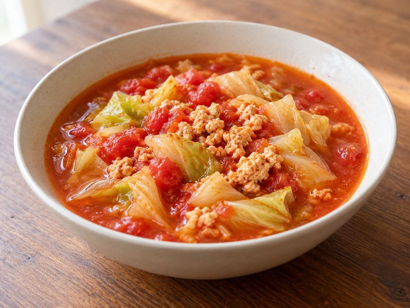 キャベツと鶏ひき肉のトマトスープの完成イメージ