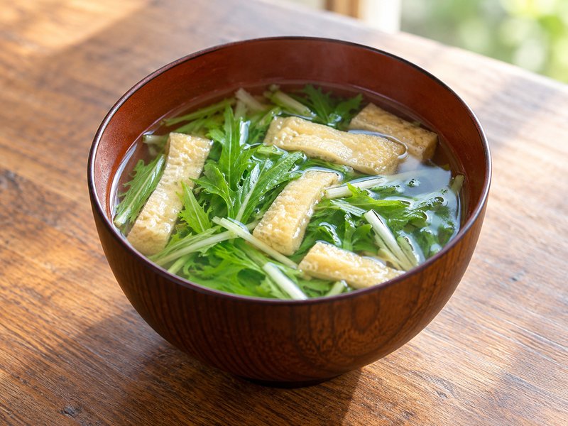 水菜と油揚げのすまし汁の完成イメージ