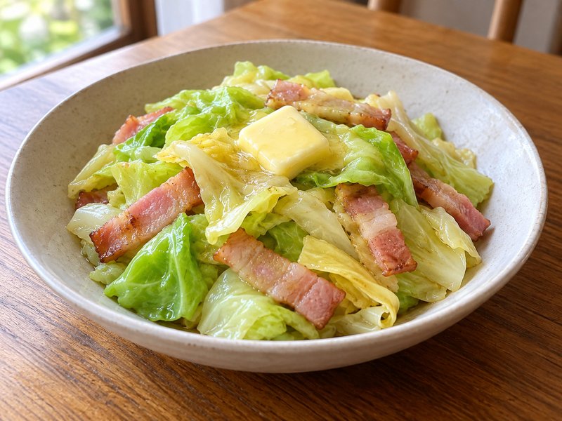 キャベツとベーコンのレンジ蒸しの完成イメージ